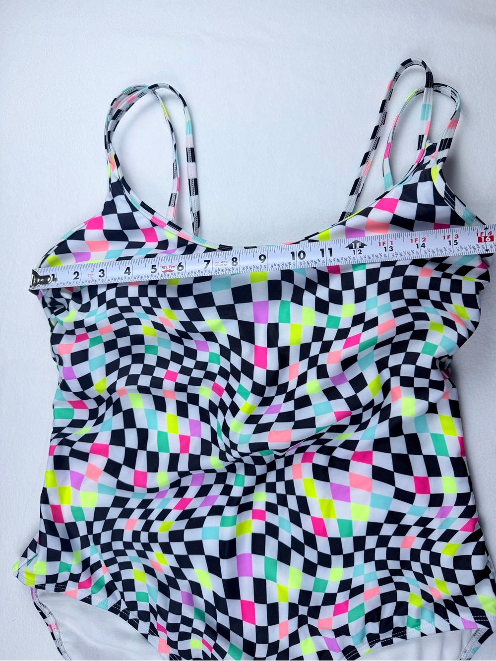 No Boundaries Junior’s XL (15-17) Black Multi Neon Checkerboard One Piece Swim - Picture 6 of 7